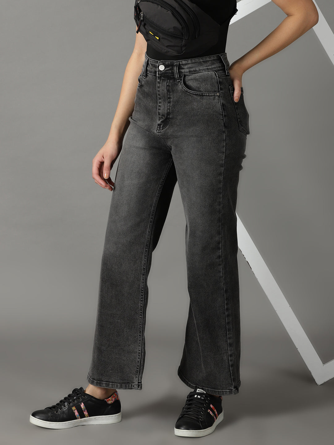 Women's Grey Wide Leg High-Rise Light Fade Acid Wash Stretchable Jeans