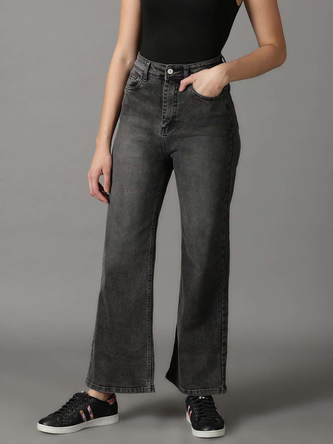 Women's Grey Wide Leg High-Rise Light Fade Acid Wash Stretchable Jeans