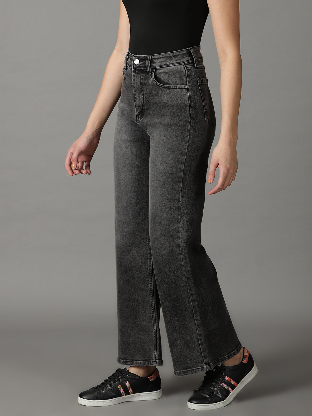 Women's Grey Wide Leg High-Rise Light Fade Acid Wash Stretchable Jeans