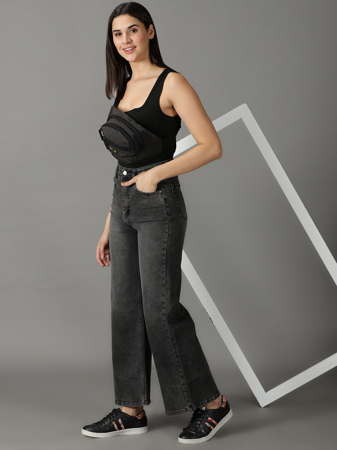 Women's Grey Wide Leg High-Rise Light Fade Acid Wash Stretchable Jeans