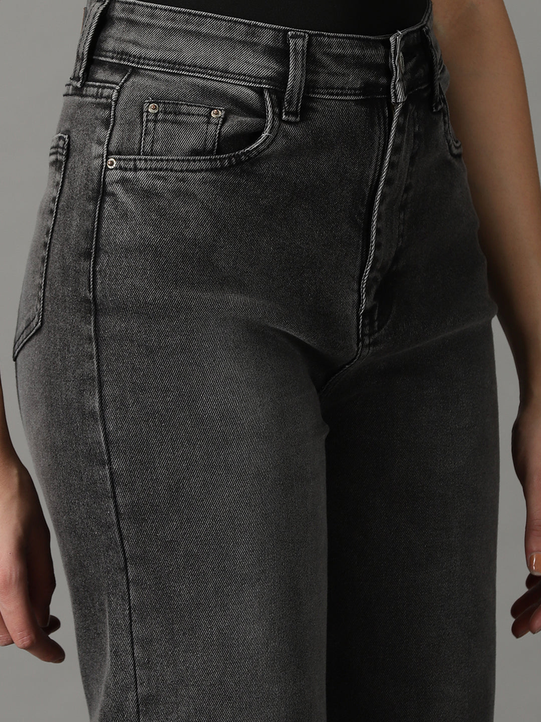 Women's Grey Wide Leg High-Rise Light Fade Acid Wash Stretchable Jeans