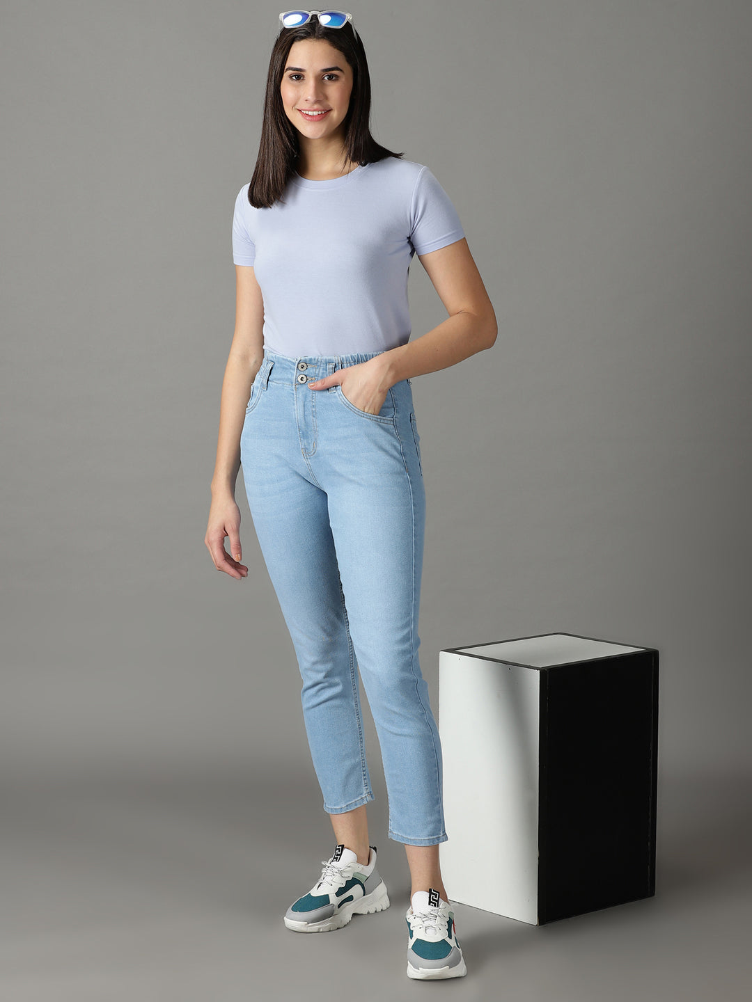 Women's Blue Boyfriend Fit High-Rise Stretchable Jeans