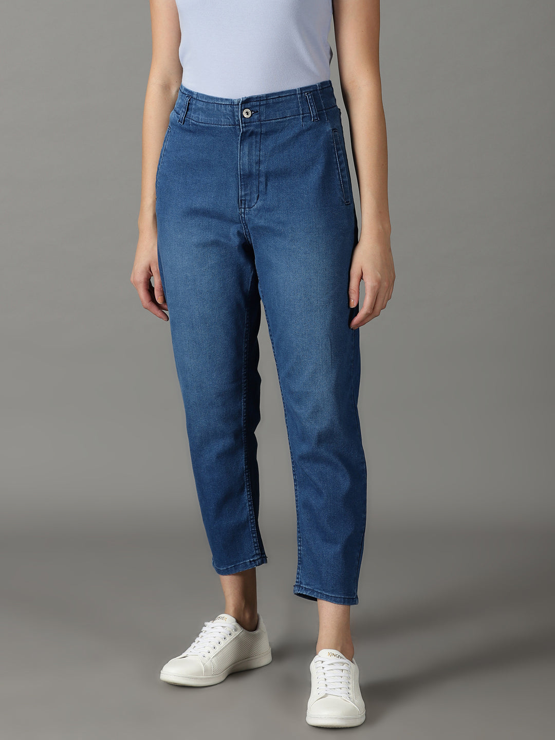 Women's Blue High-Rise Light Fade Acid Wash Cotton Stretchable Jeans