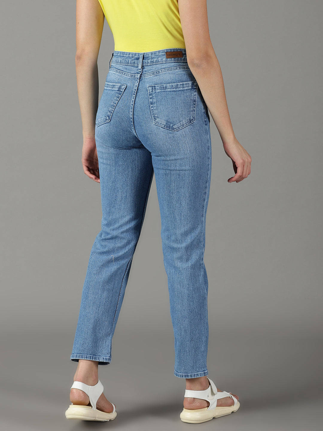 Women's Blue Straight Fit High-Rise Light Fade Acid Wash Stretchable Jeans