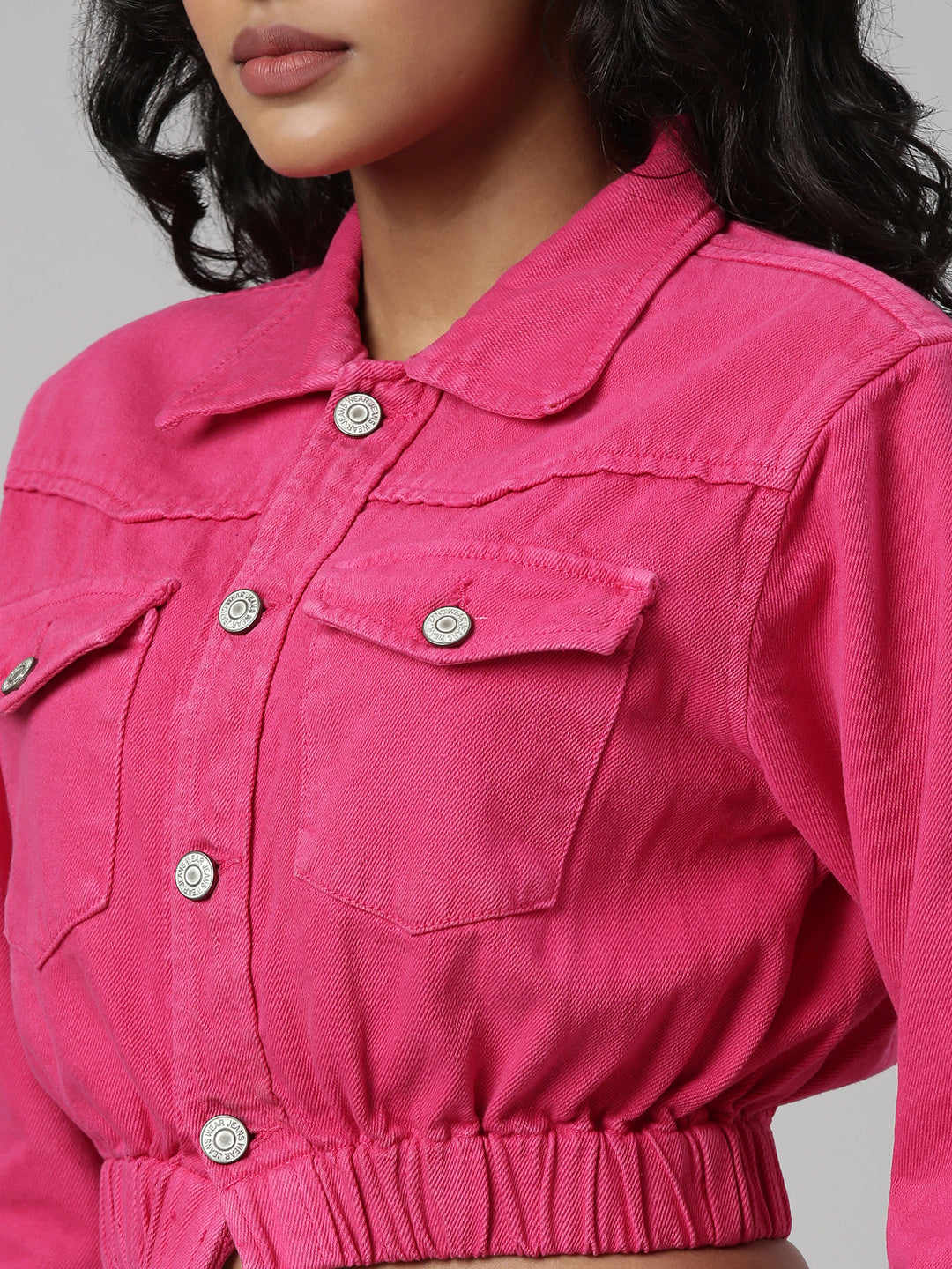 Women's Fuchsia Spread Collar Crop Denim Jacket