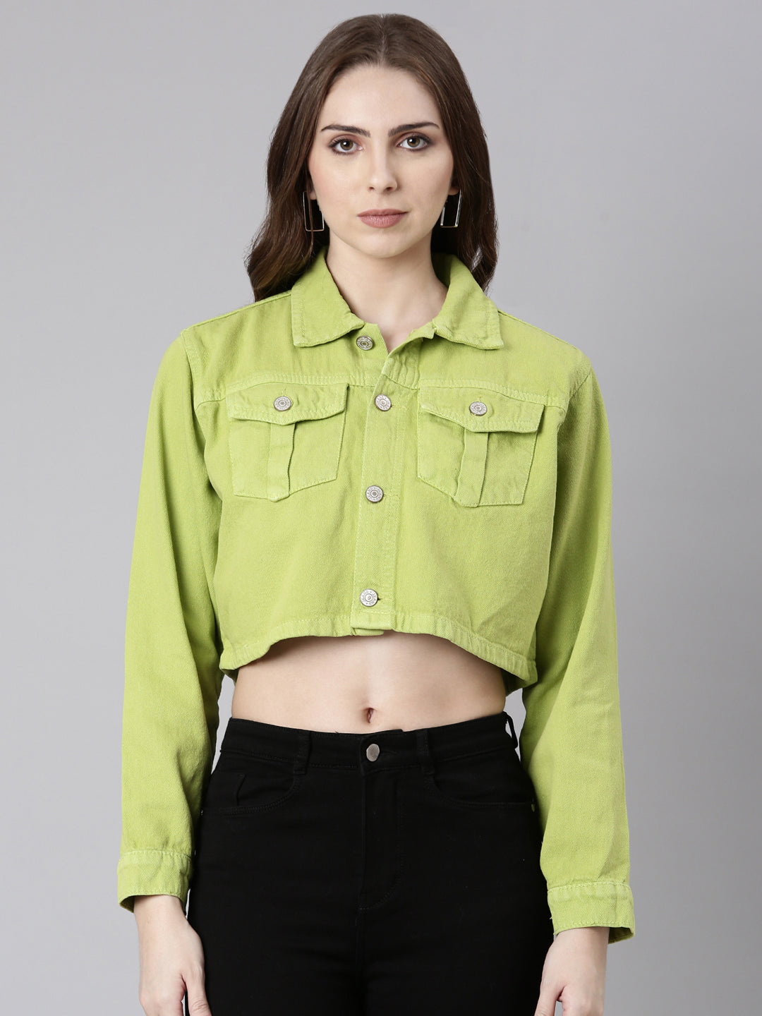 Women's Lime Green Spread Collar Crop Denim Jacket
