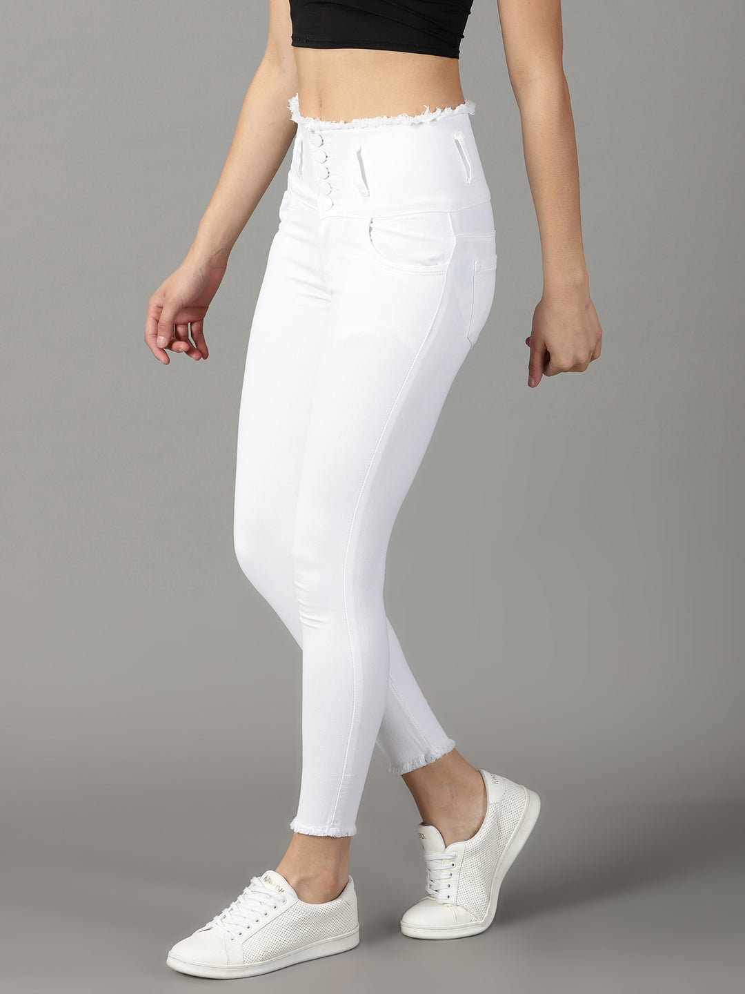 Women's White Skinny Fit Mid-Rise Acid Wash Stretchable Cotton Jeans