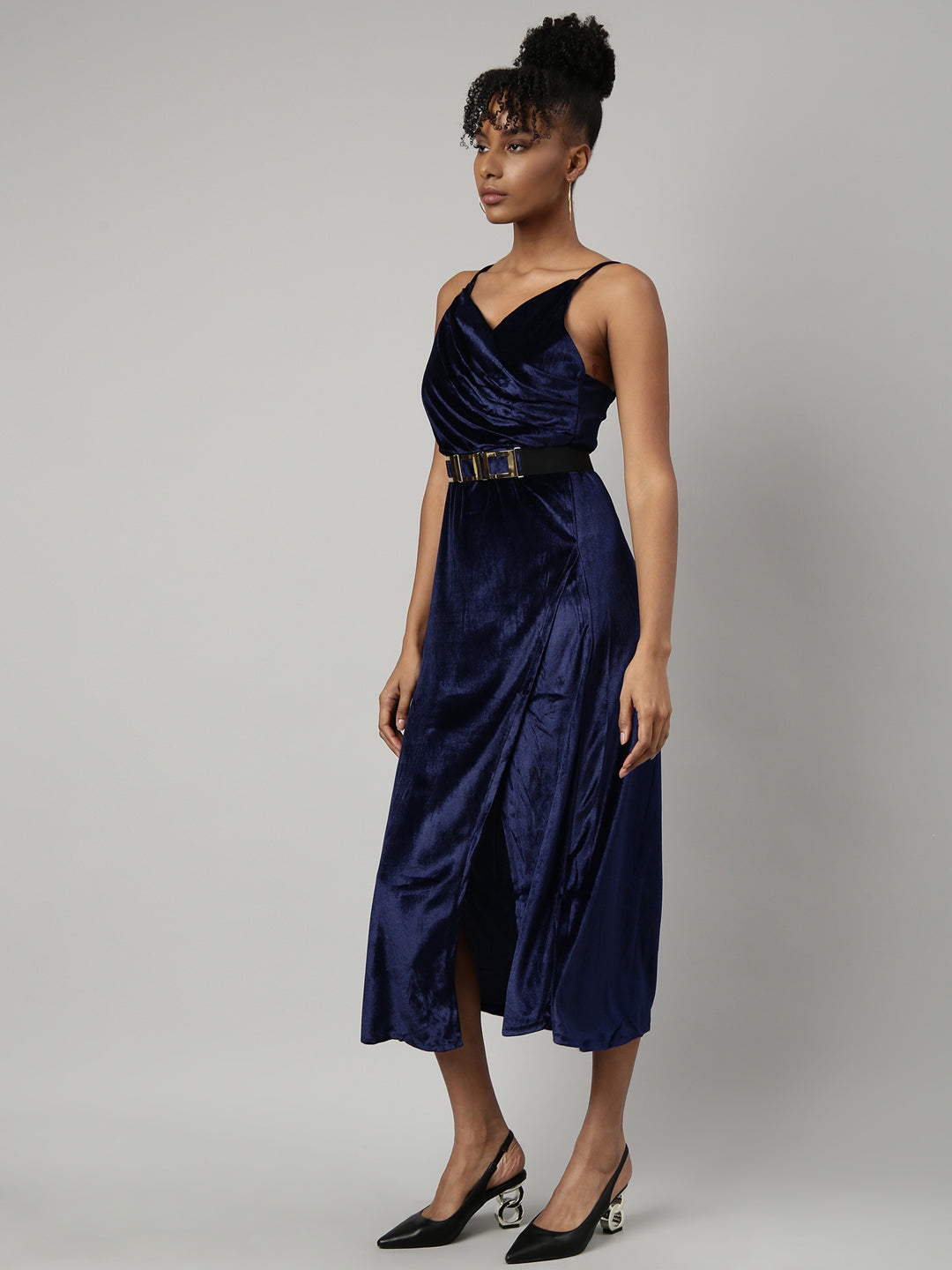 Women's Navy Blue V-Neck Shoulder Straps A-Line Midi Slip Dress Comes with A Belt