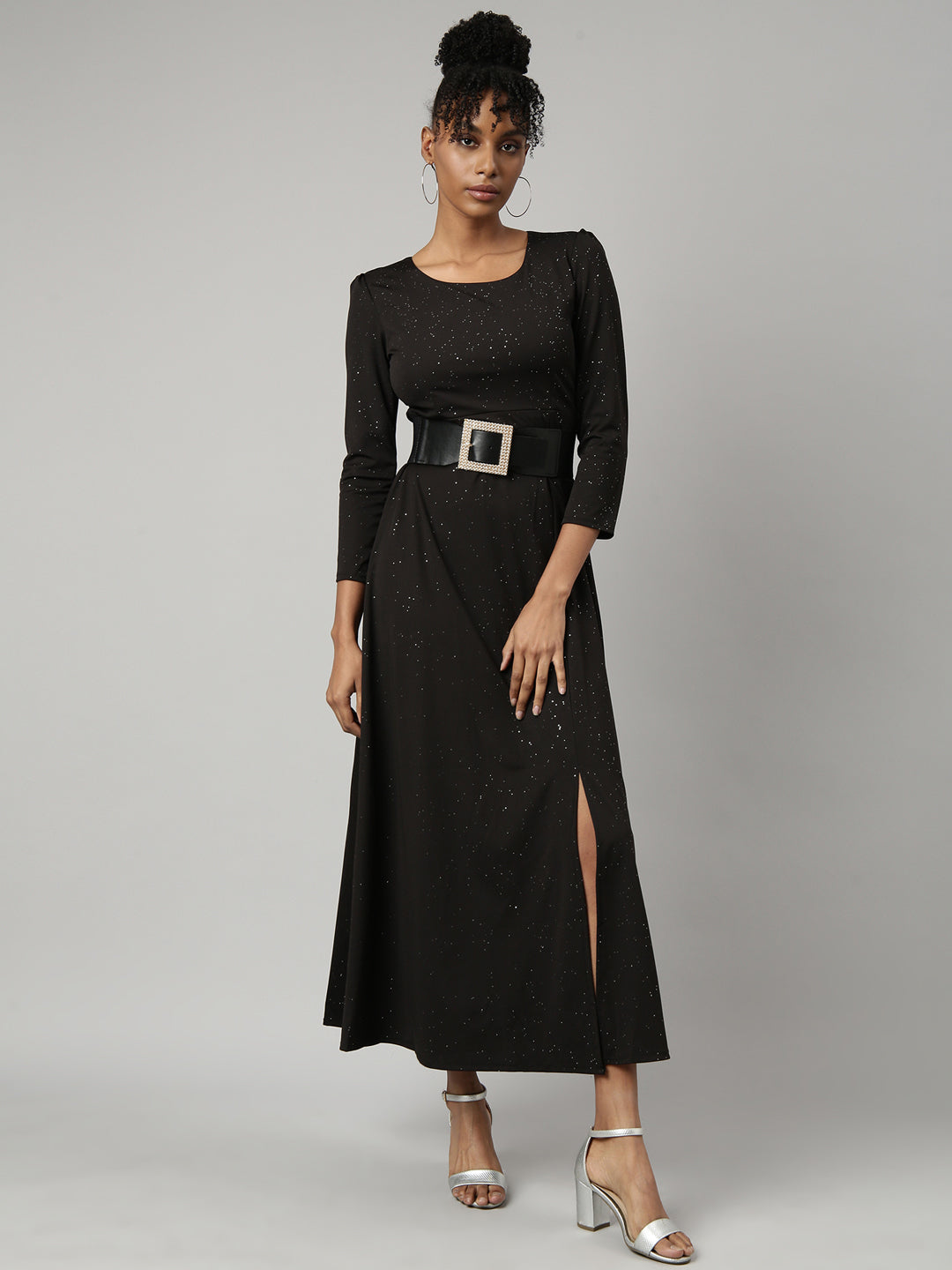 Women's Black Round Neck Regular Sleeves Bling & Sparkly Belted A-Line Dress