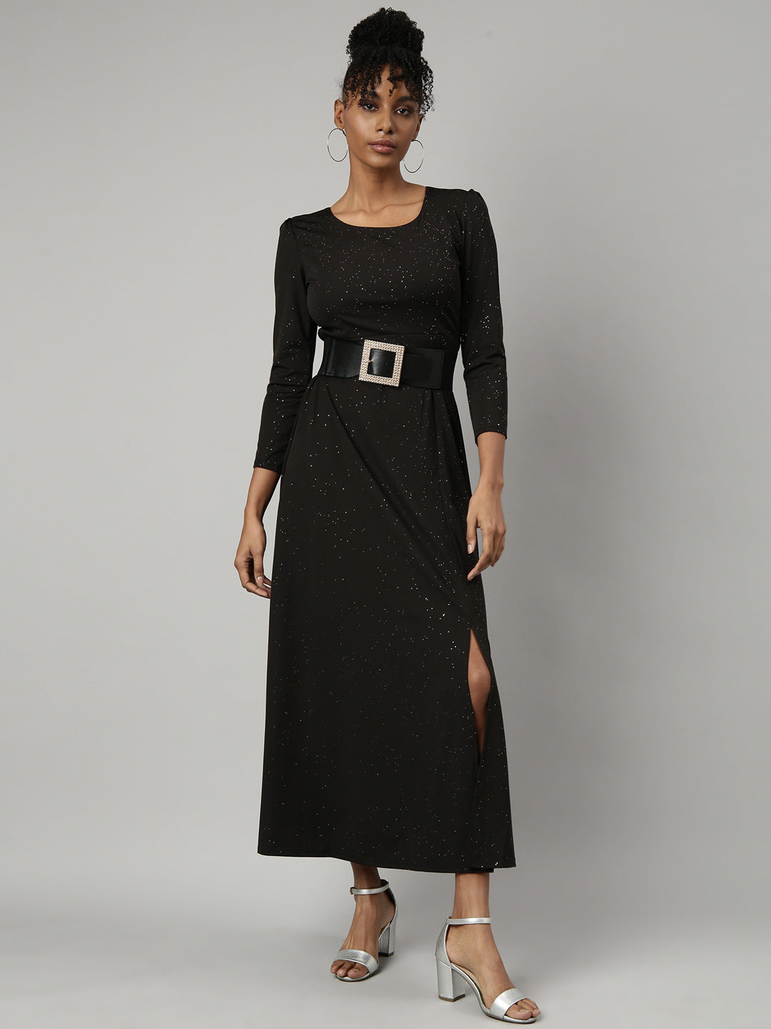 Women's Black Round Neck Regular Sleeves Bling & Sparkly Belted A-Line Dress
