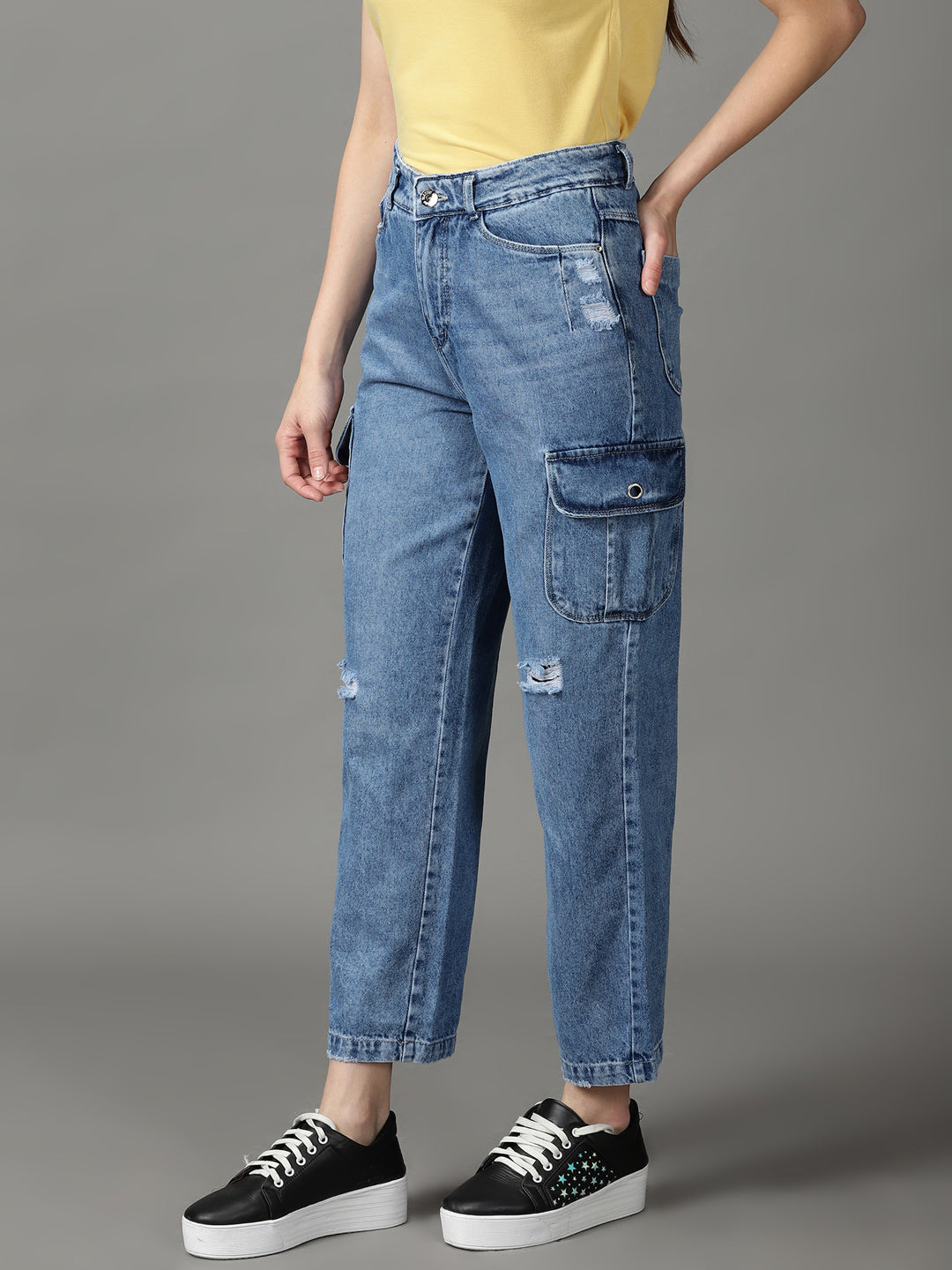 Women's Blue High-Rise Slash Knee Light Fade Cotton Jeans