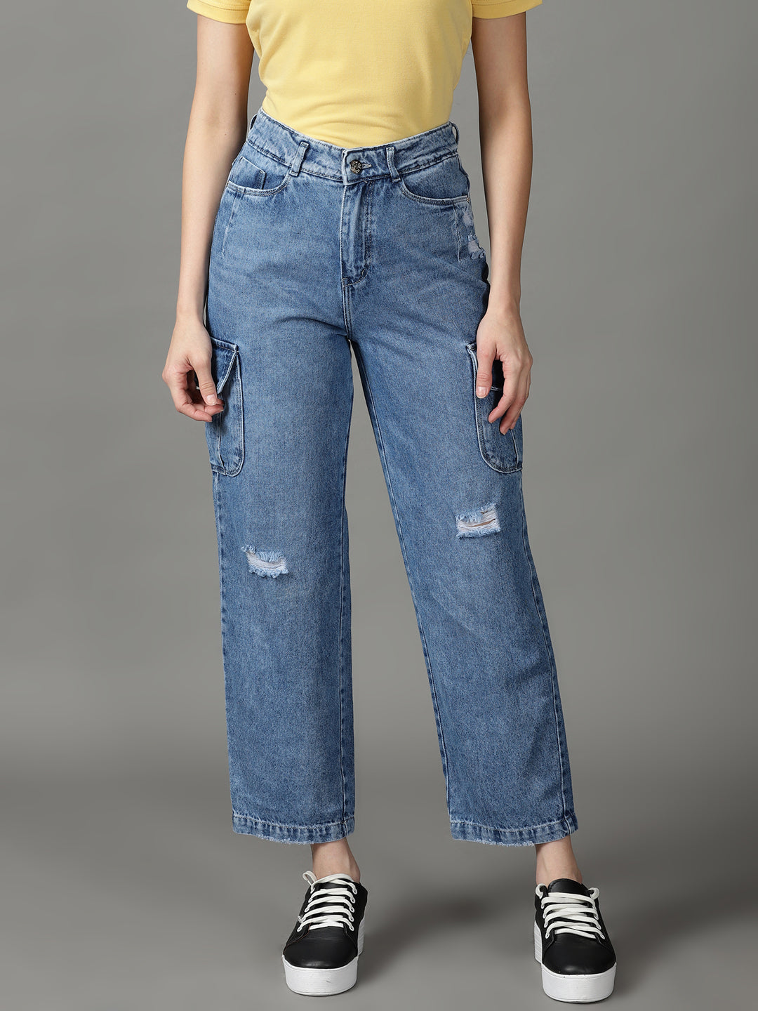 Women's Blue High-Rise Slash Knee Light Fade Cotton Jeans