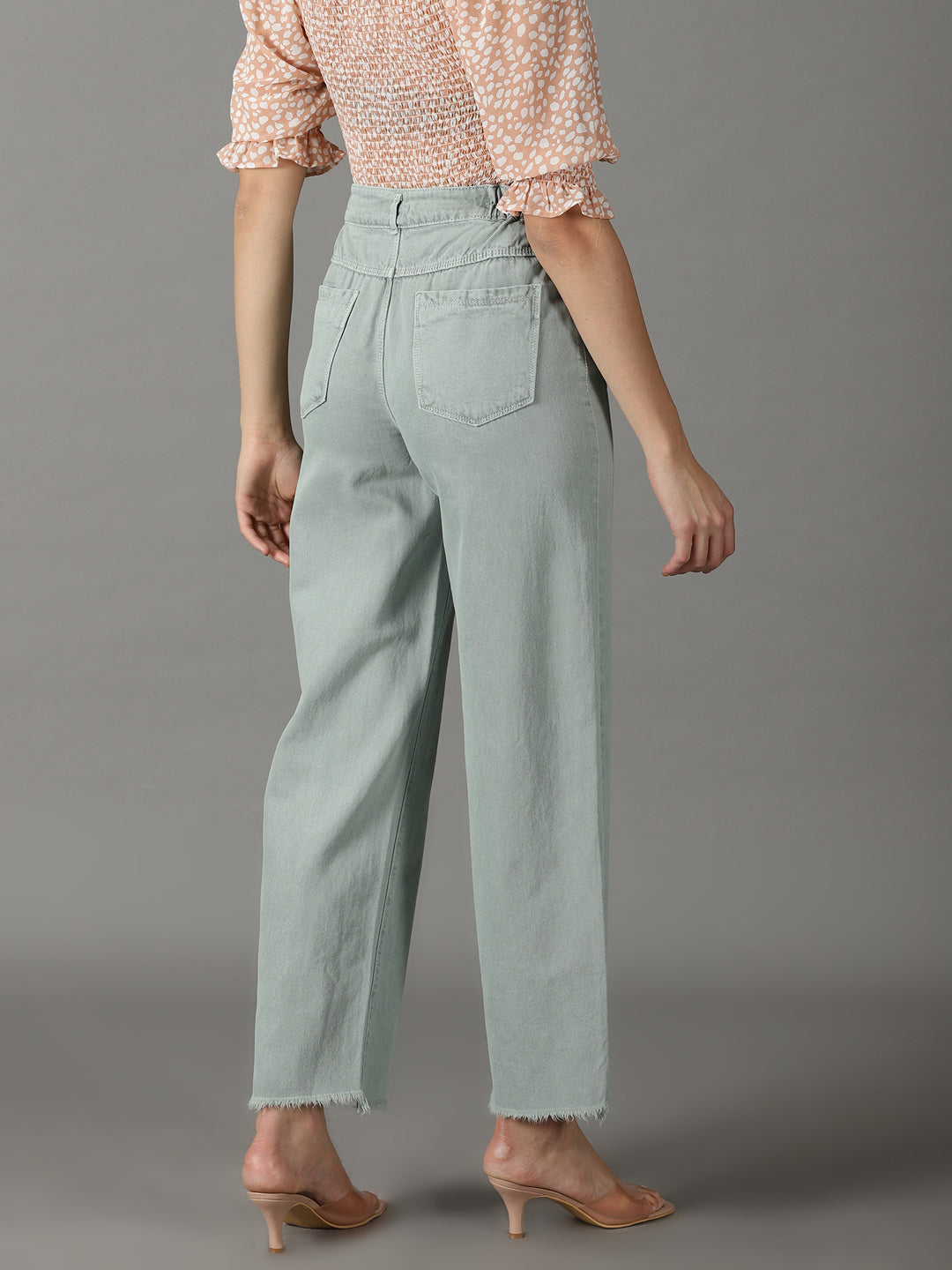 Women's Green Wide Leg High-Rise Cotton Jeans