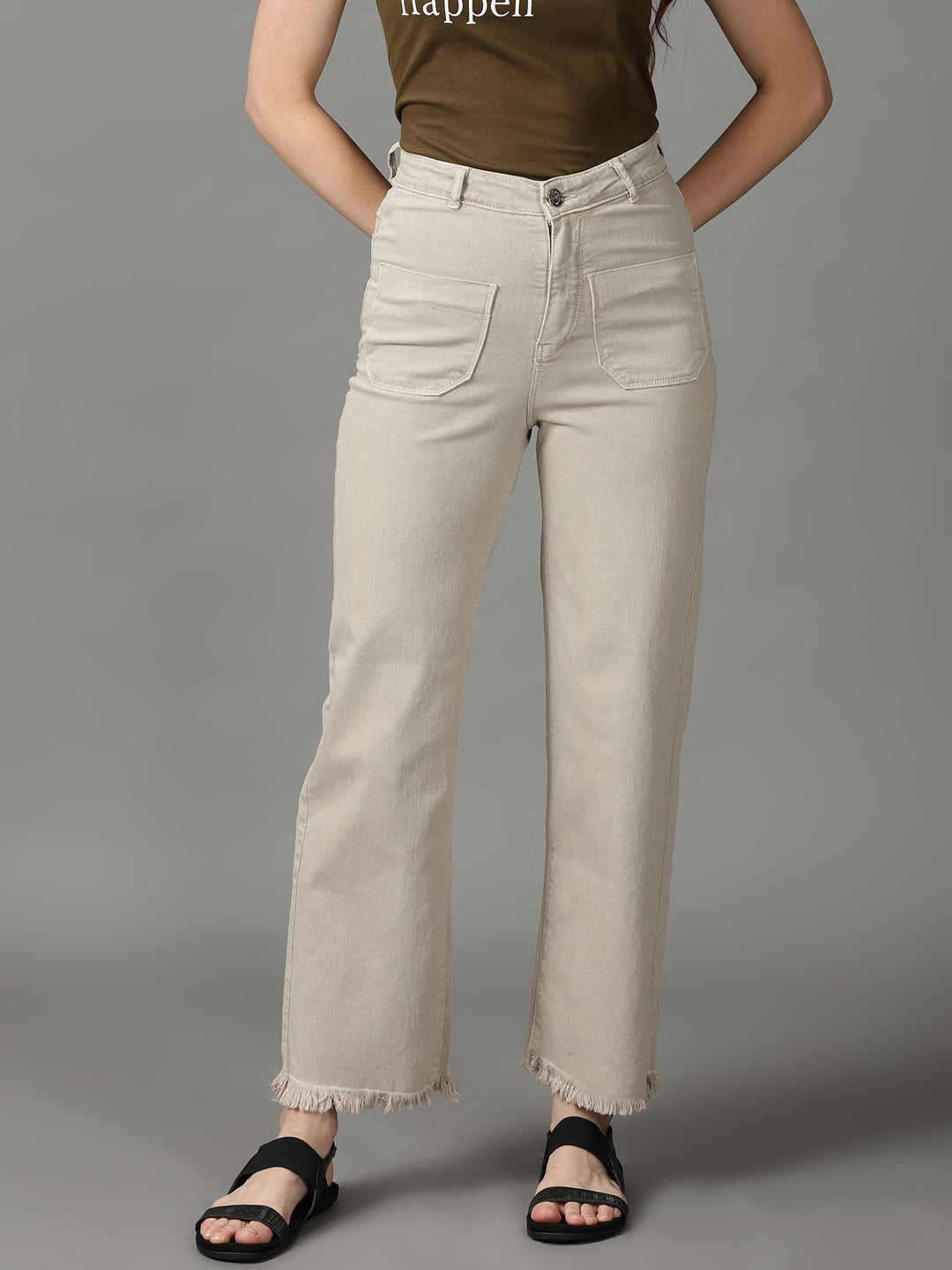 Women's Beige Wide Leg High-Rise Stretchable Cotton Jeans