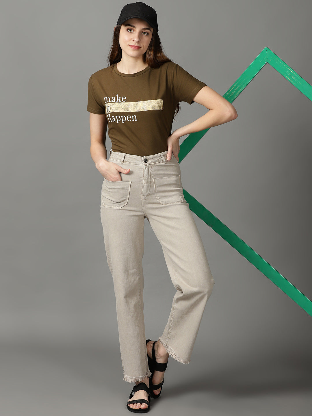 Women's Beige Wide Leg High-Rise Stretchable Cotton Jeans