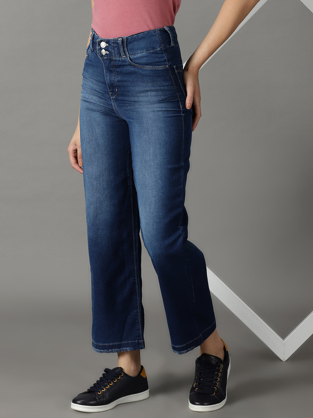 Women's Navy Blue Straight Fit High-Rise Light Fade Stretchable Jeans