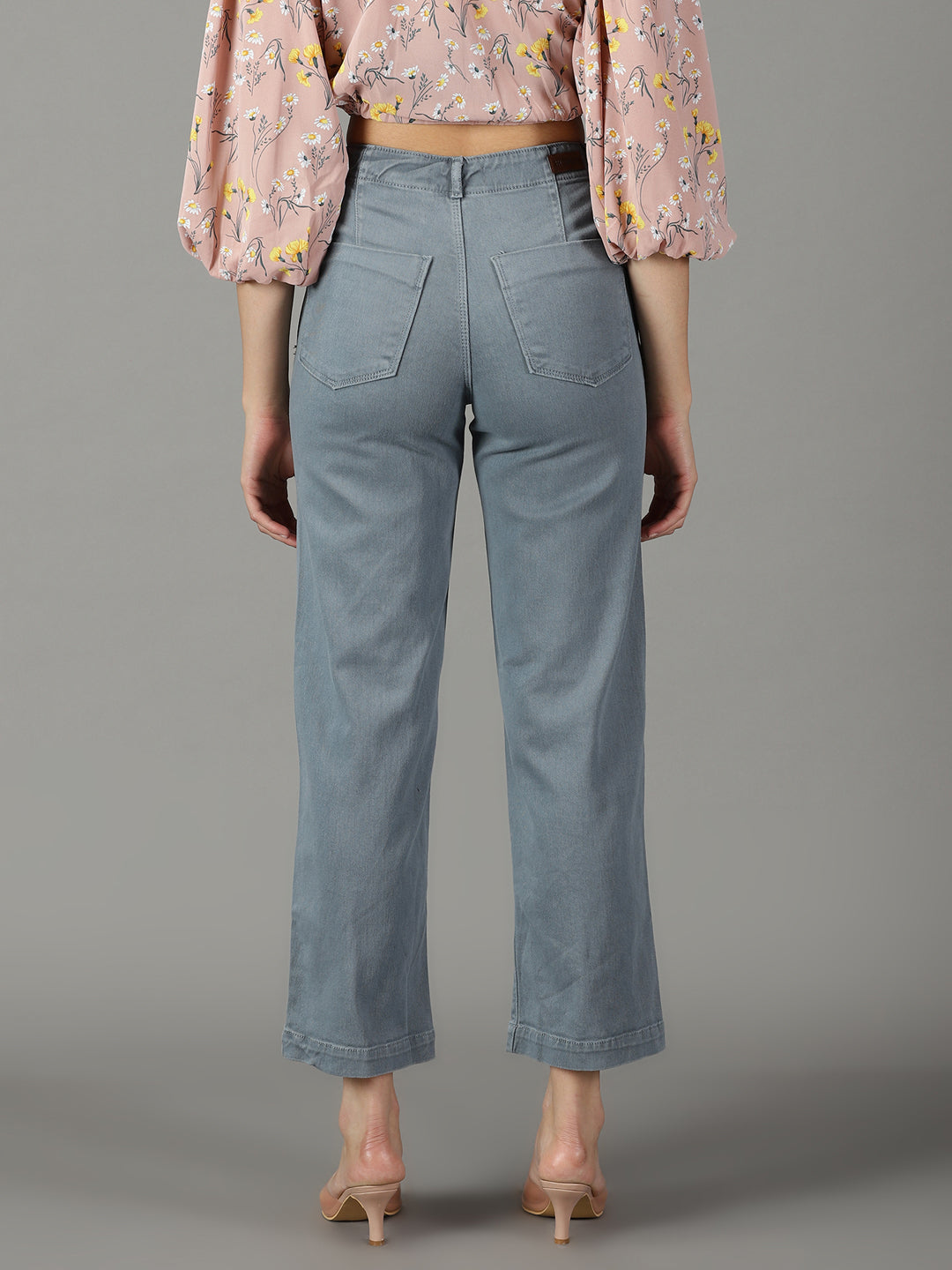 Women's Grey Wide Leg High-Rise Cotton Jeans