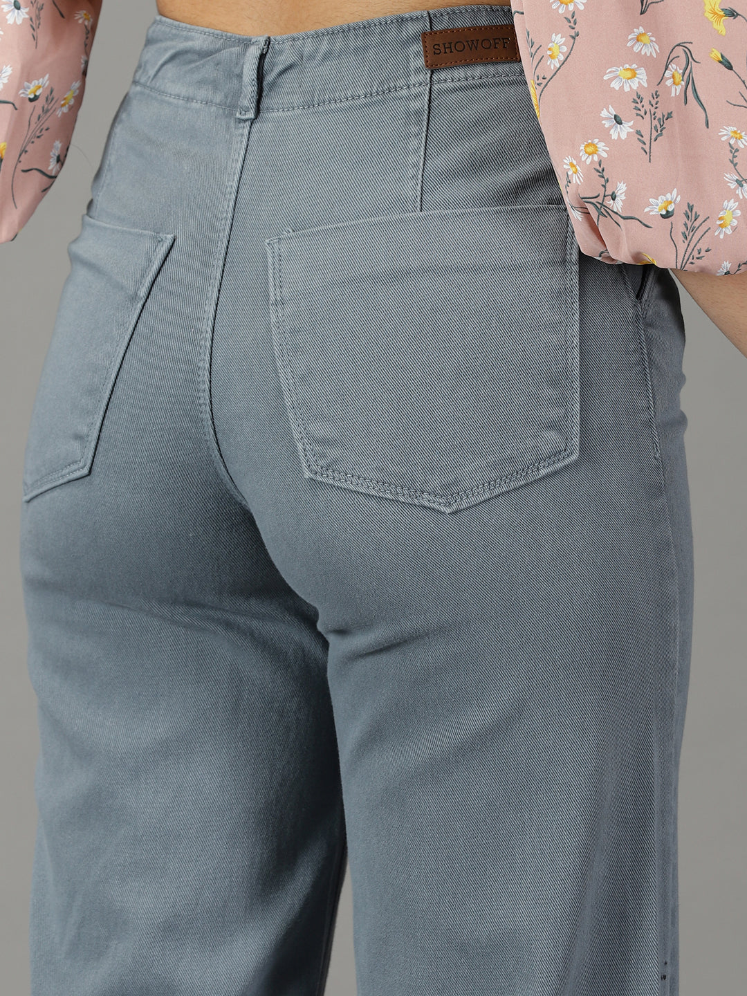 Women's Grey Wide Leg High-Rise Cotton Jeans
