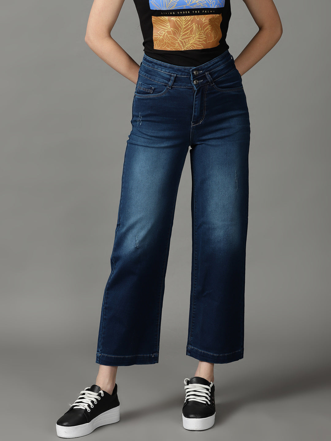 Women's Navy Blue Straight Fit High-Rise Light Fade Cotton Stretchable Jeans