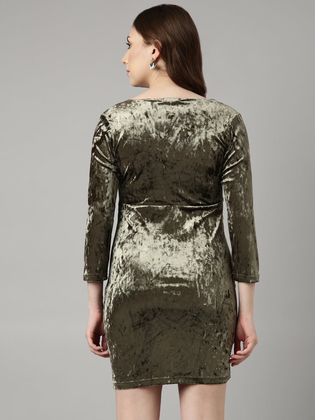 Women's Olive V Neck Three-Quarter Sleeves Velvet Warp Dress