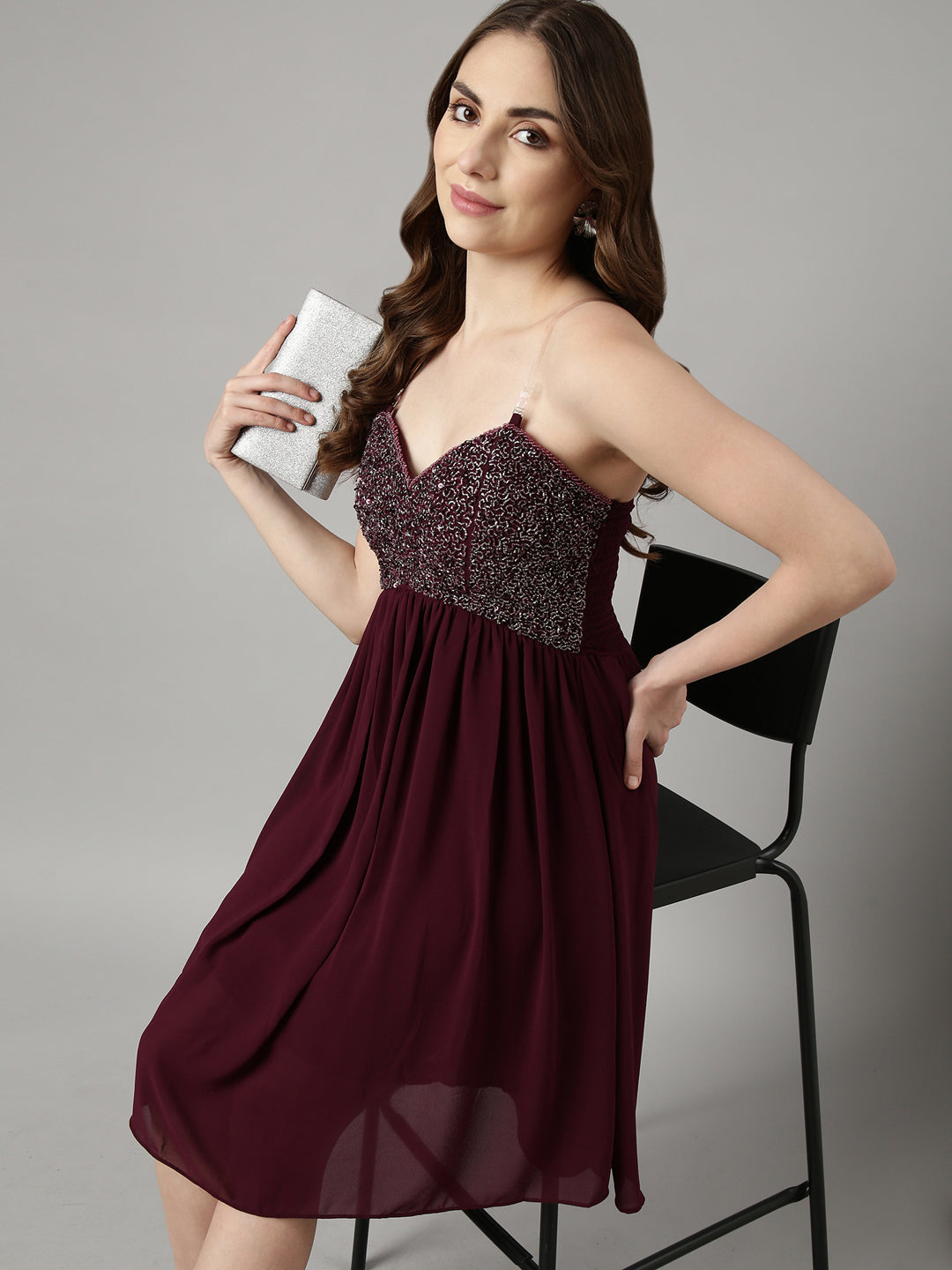 Women's Purple Embellished Shoulder Straps Fit and Flare Dress