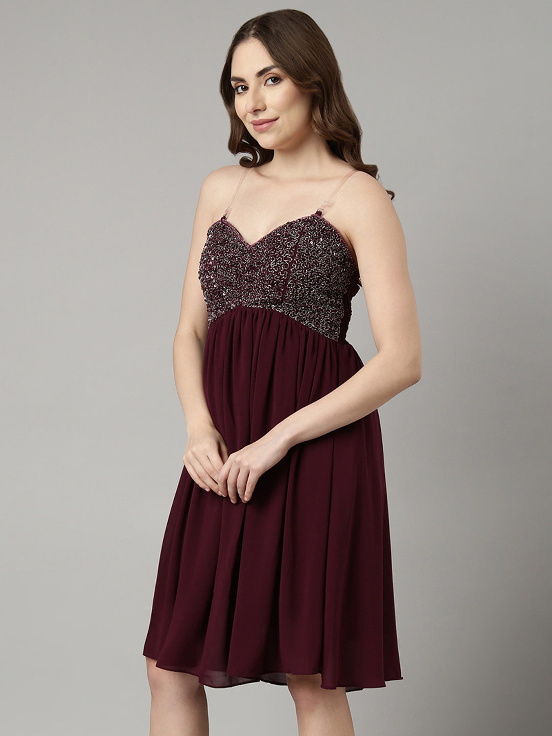 Women's Purple Embellished Shoulder Straps Fit and Flare Dress
