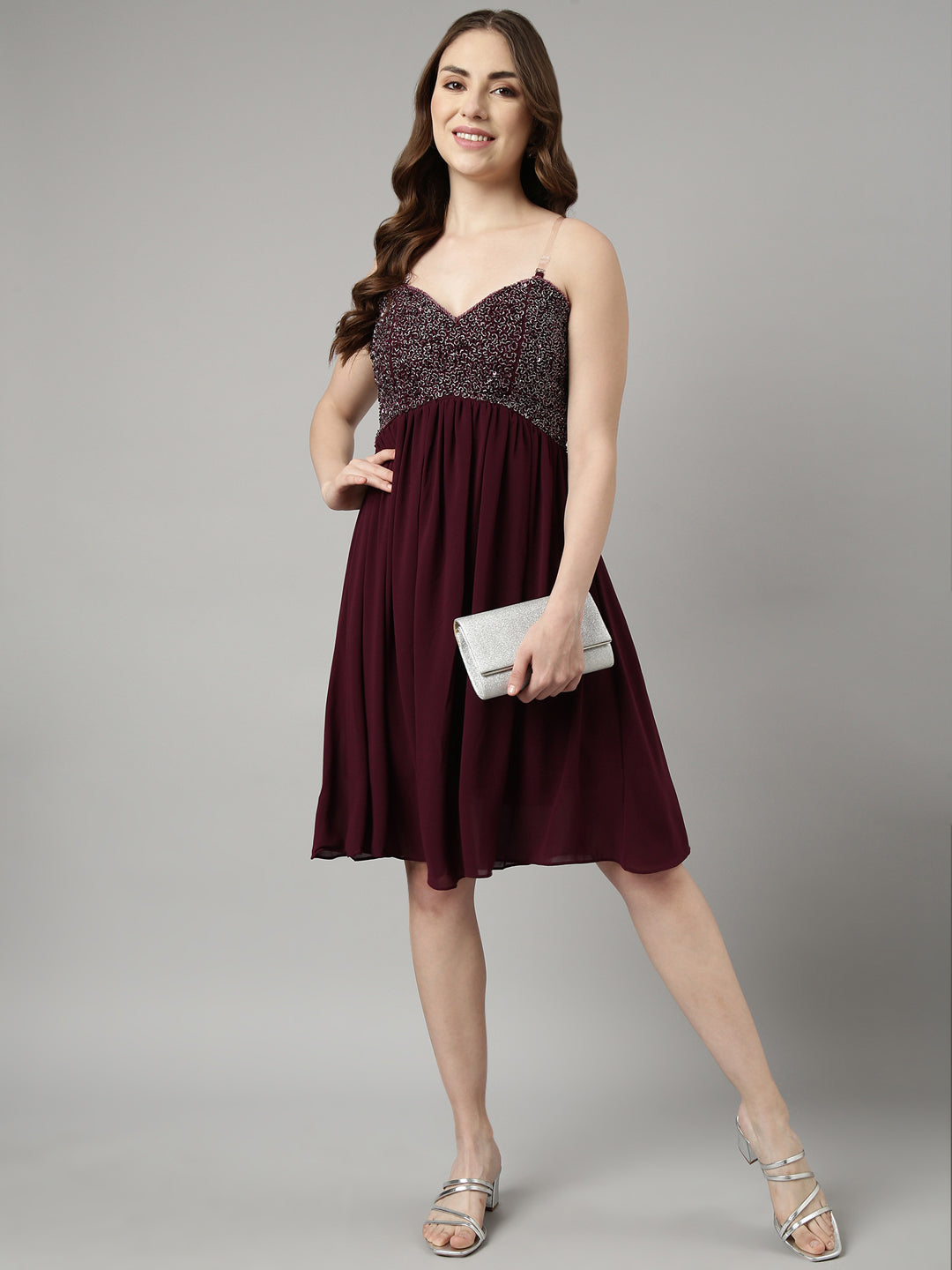 Women's Purple Embellished Shoulder Straps Fit and Flare Dress