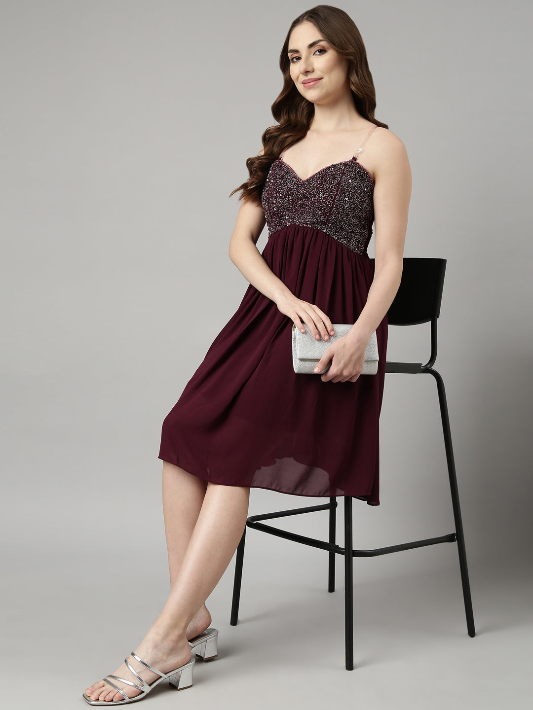 Women's Purple Embellished Shoulder Straps Fit and Flare Dress