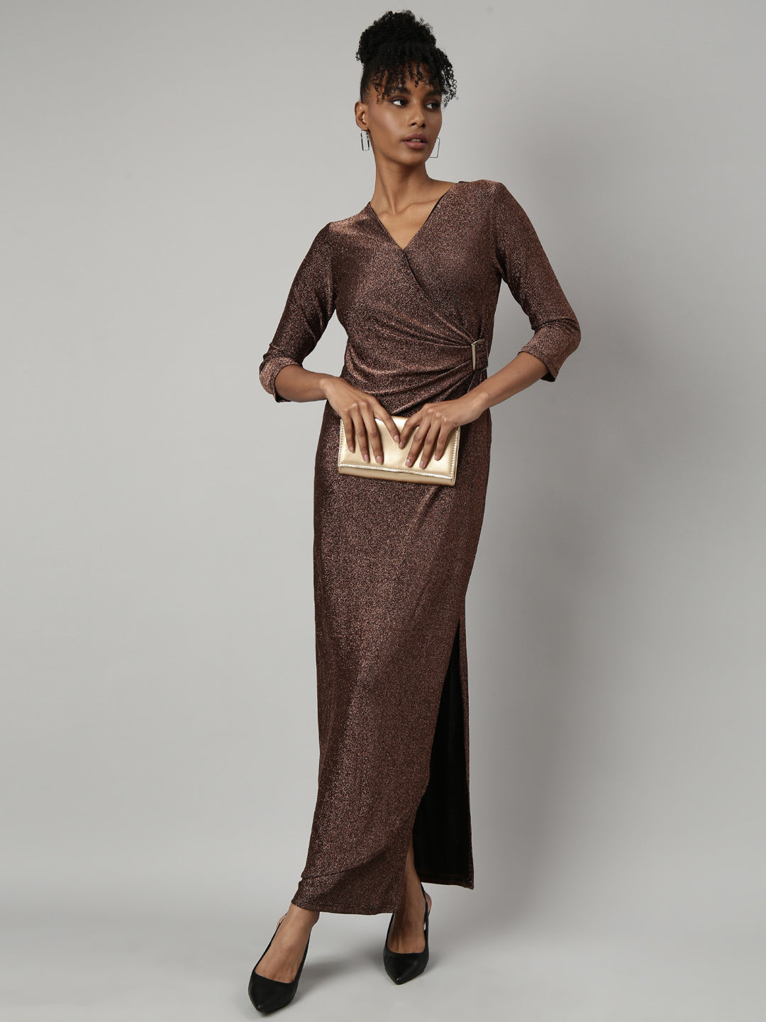 Women's Brown V Neck Three-Quarter Sleeves Warp Midi Dress