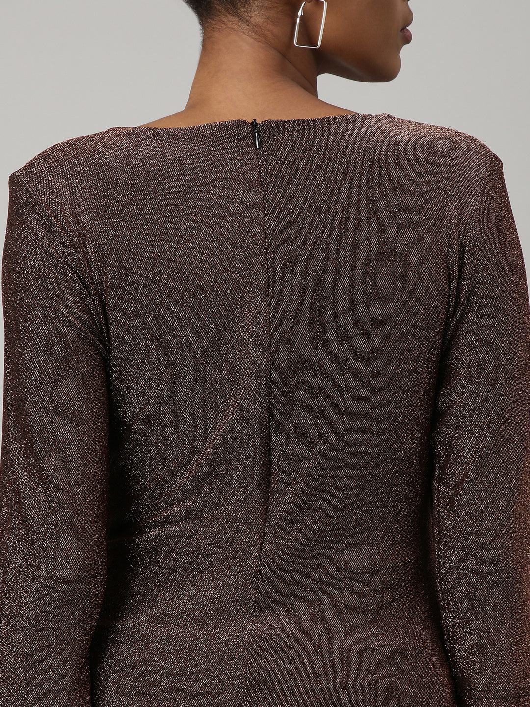 Women's Brown V Neck Three-Quarter Sleeves Warp Midi Dress