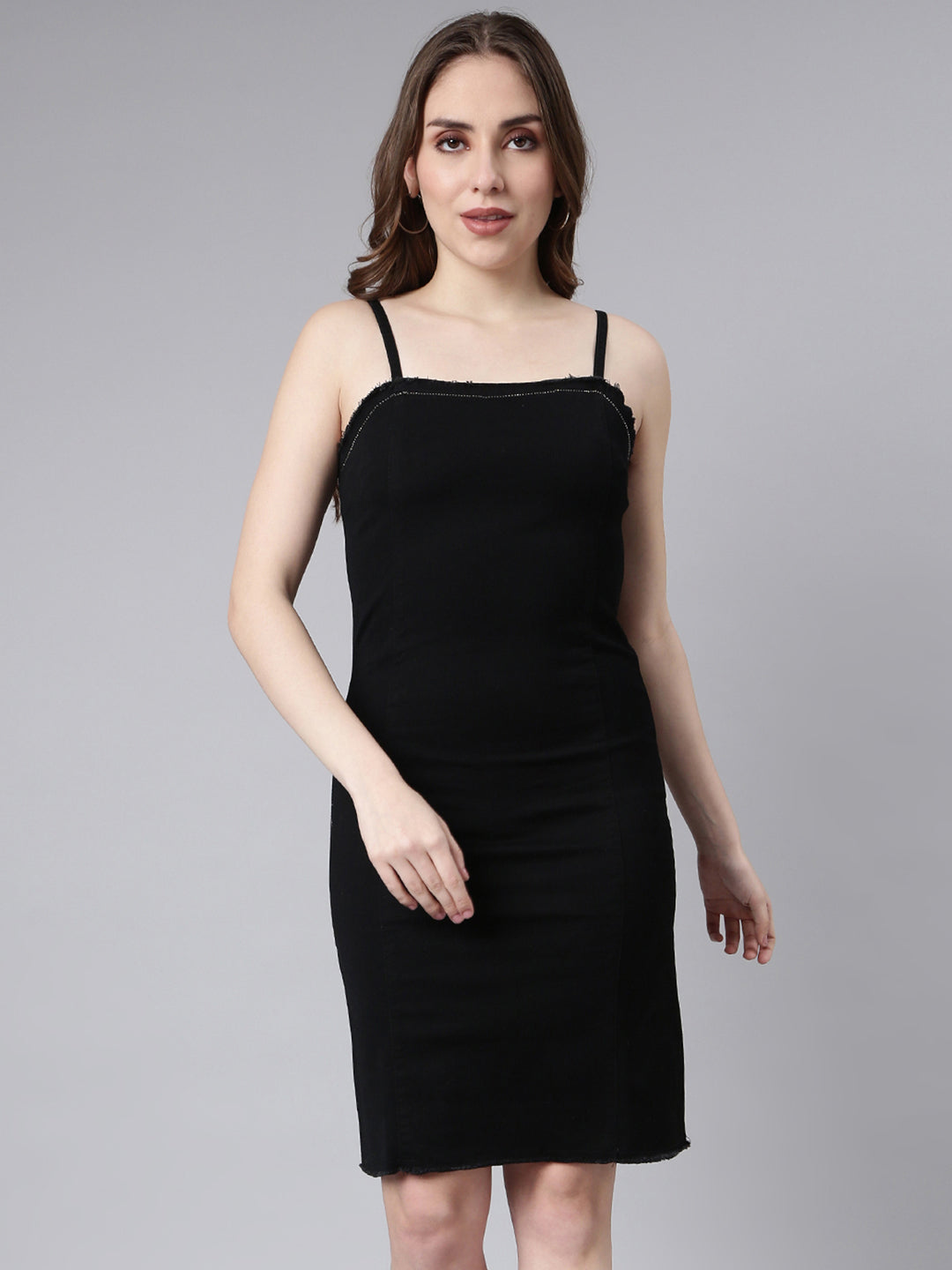 Women's Black Shoulder Straps Bodycon Cotton Midi Casual Dress