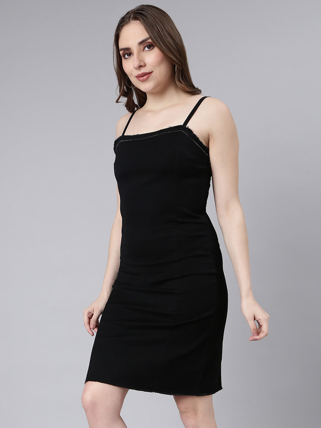 Women's Black Shoulder Straps Bodycon Cotton Midi Casual Dress