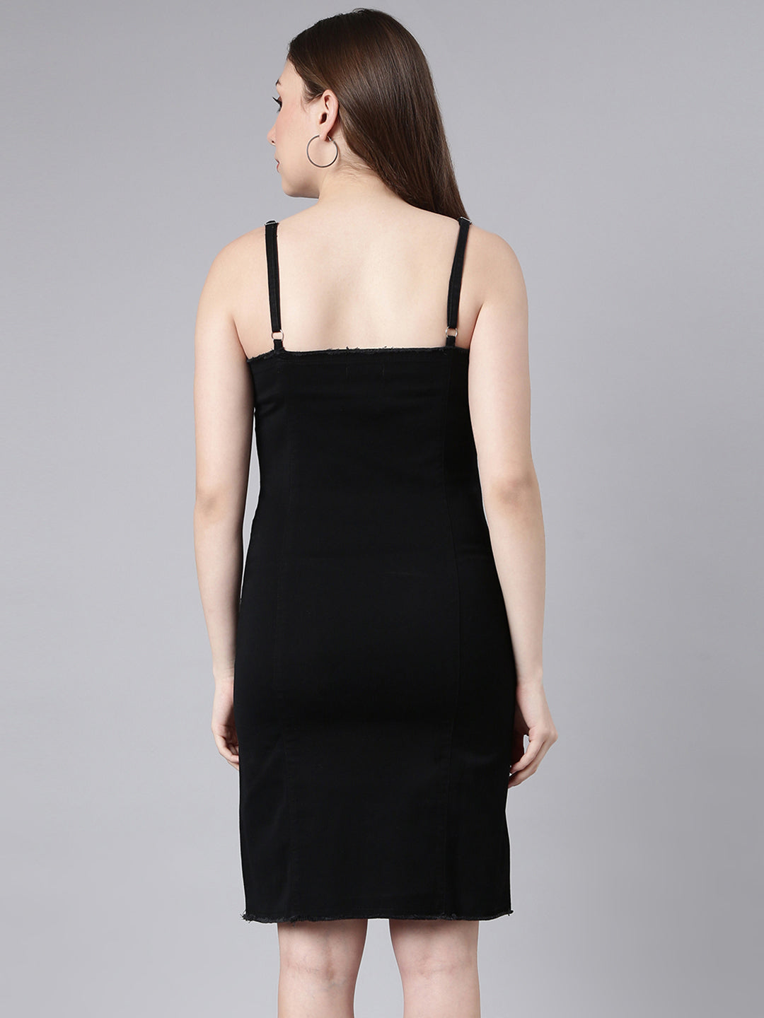 Women's Black Shoulder Straps Bodycon Cotton Midi Casual Dress