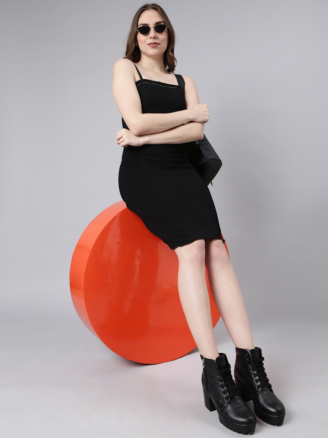 Women's Black Shoulder Straps Bodycon Cotton Midi Casual Dress