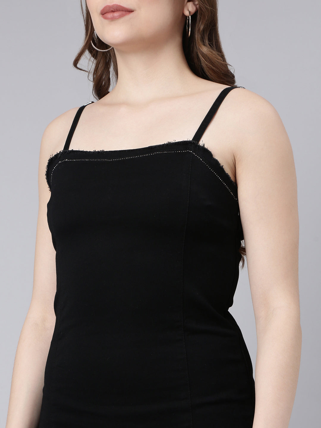 Women's Black Shoulder Straps Bodycon Cotton Midi Casual Dress