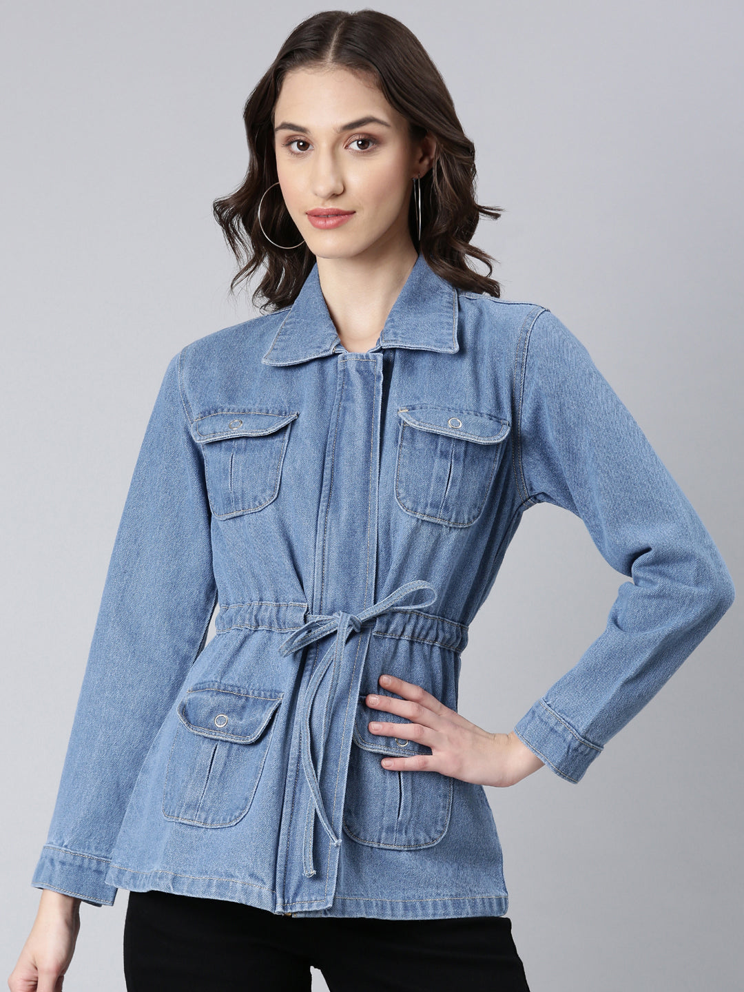 Women's Blue Spread Collar Denim Jacket