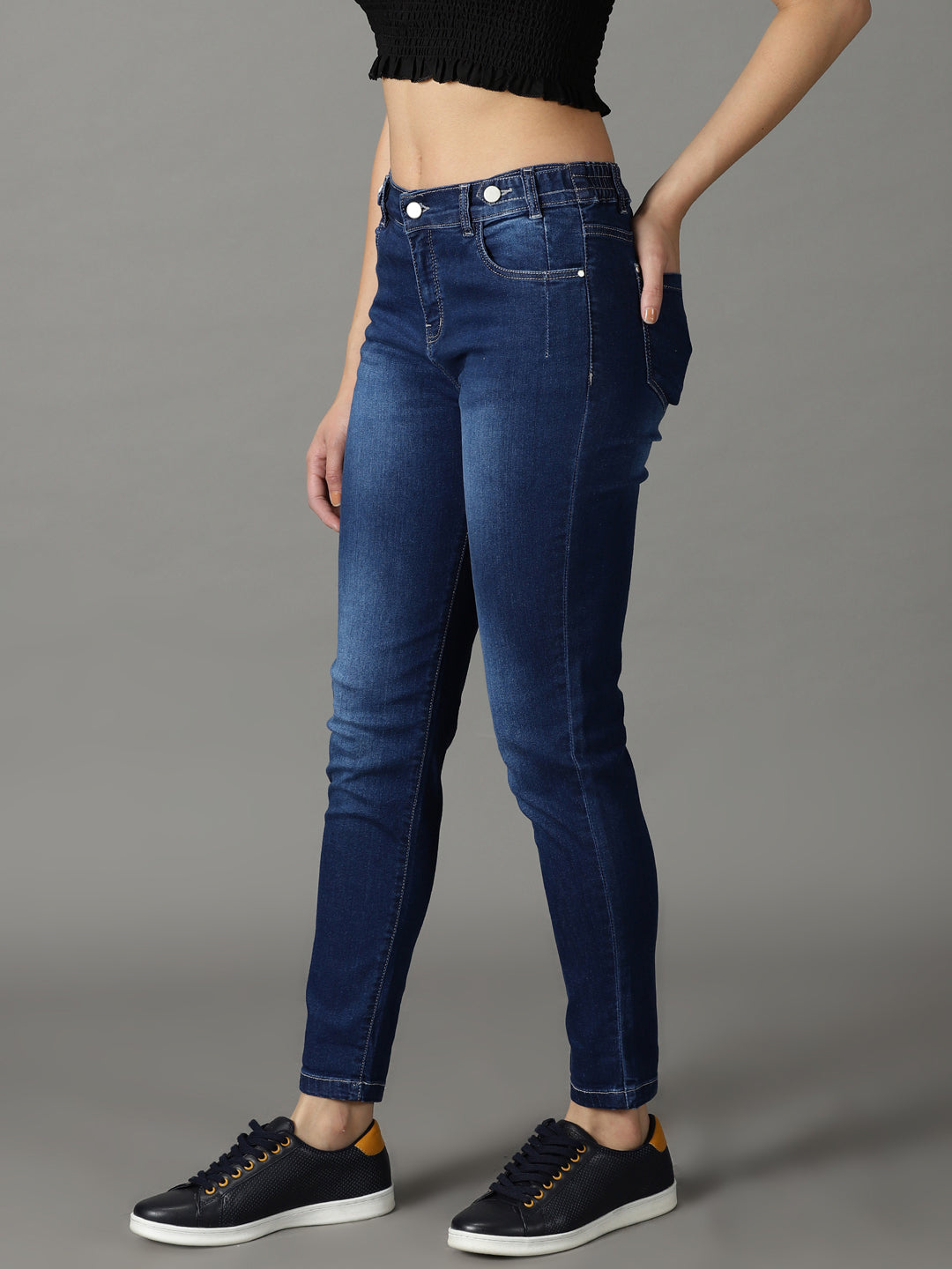 Women's Navy Blue High-Rise Light Fade Acid Wash Stretchable Cotton Jeans