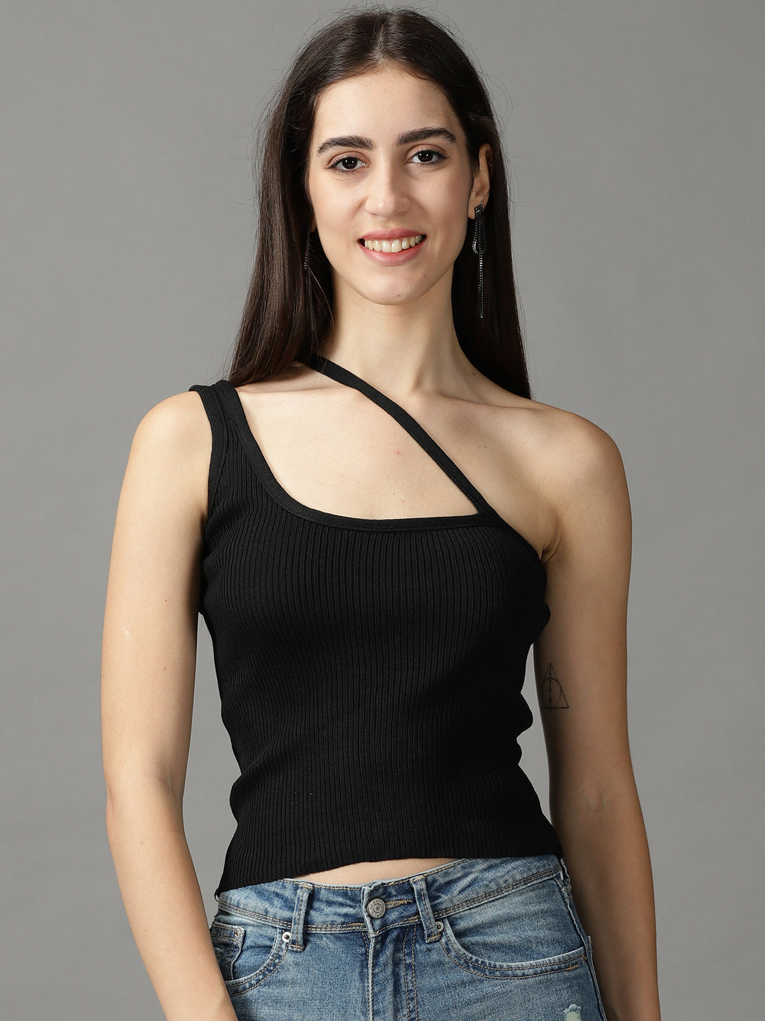 Women's Black One Shoulder Crop Top