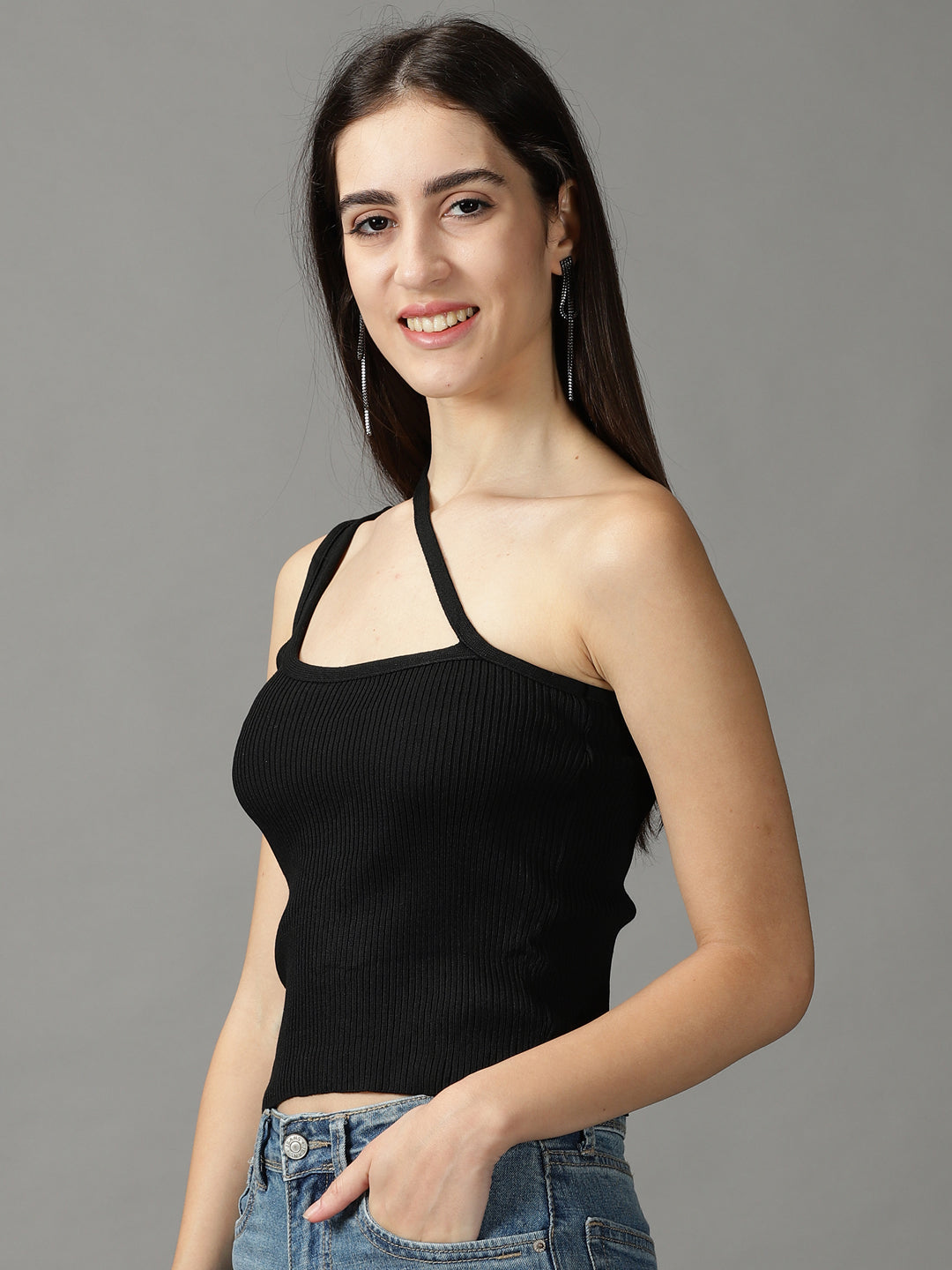 Women's Black One Shoulder Crop Top