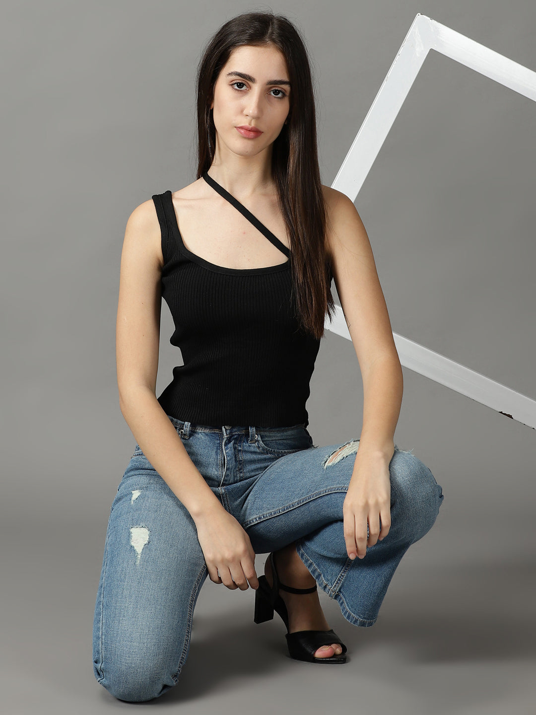 Women's Black One Shoulder Crop Top