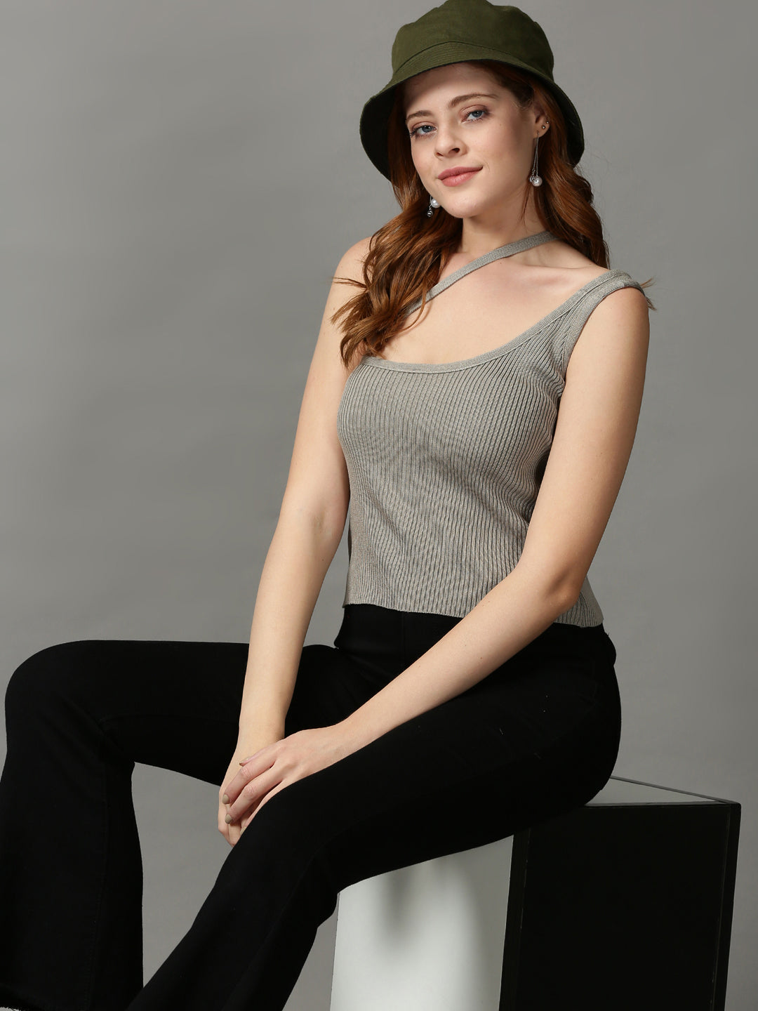 Women's Grey Shoulder Straps Fitted Acrylic Top
