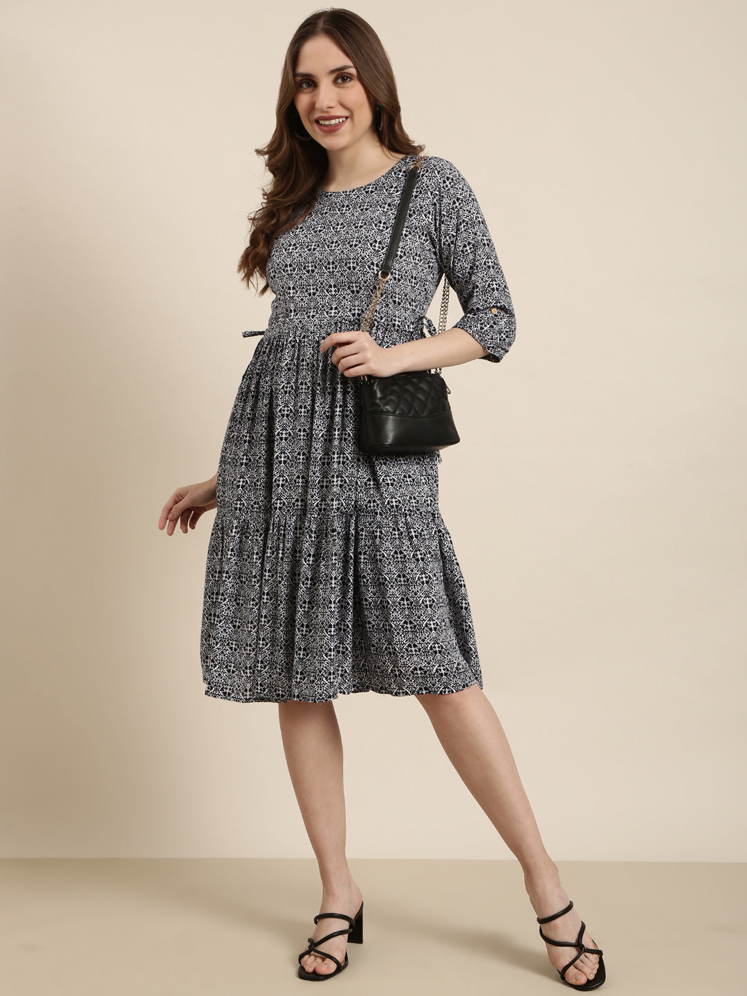 Women's Navy Blue Ethnic Motifs Print Fit & Flare Midi Dress