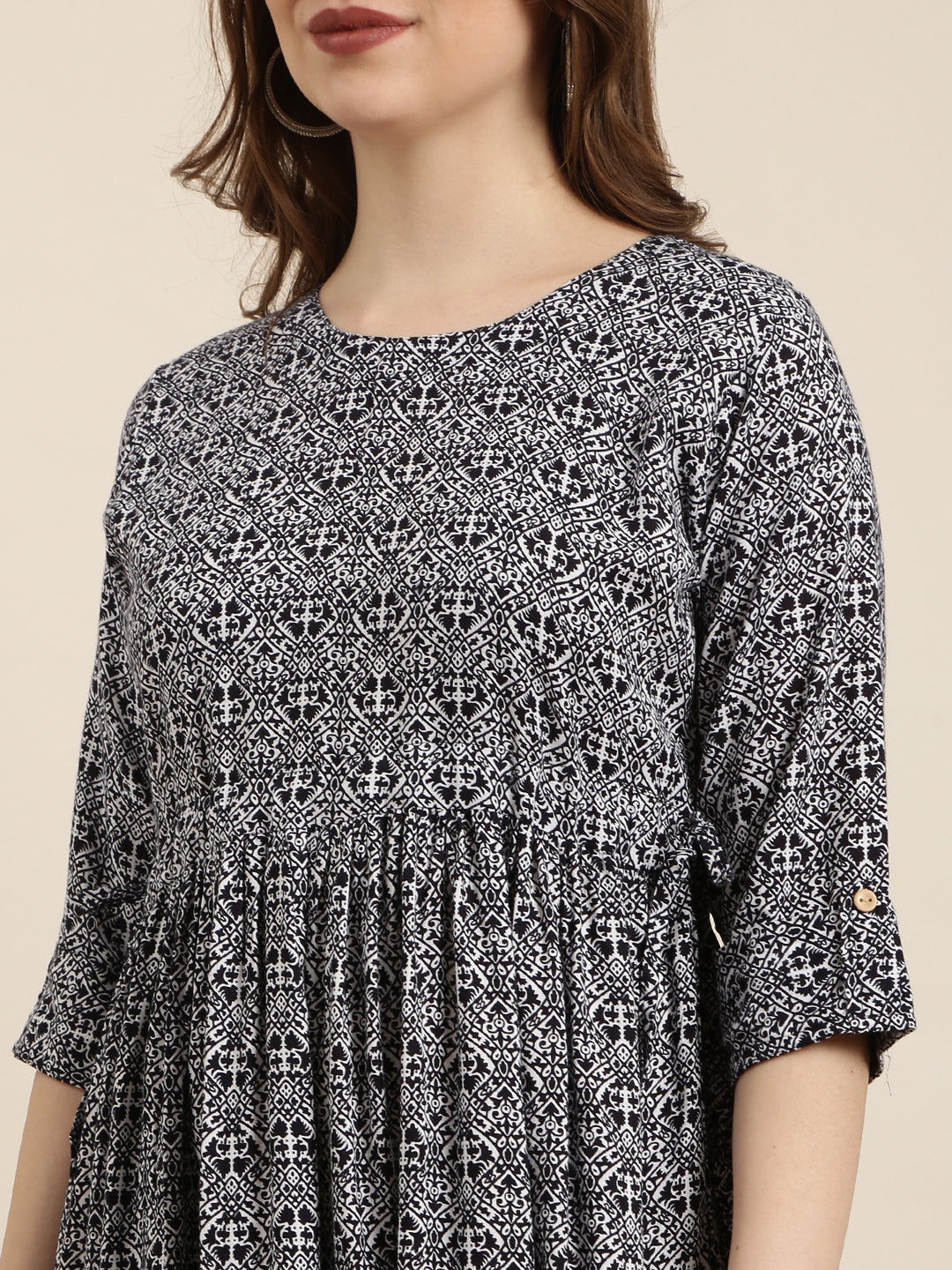 Women's Navy Blue Ethnic Motifs Print Fit & Flare Midi Dress