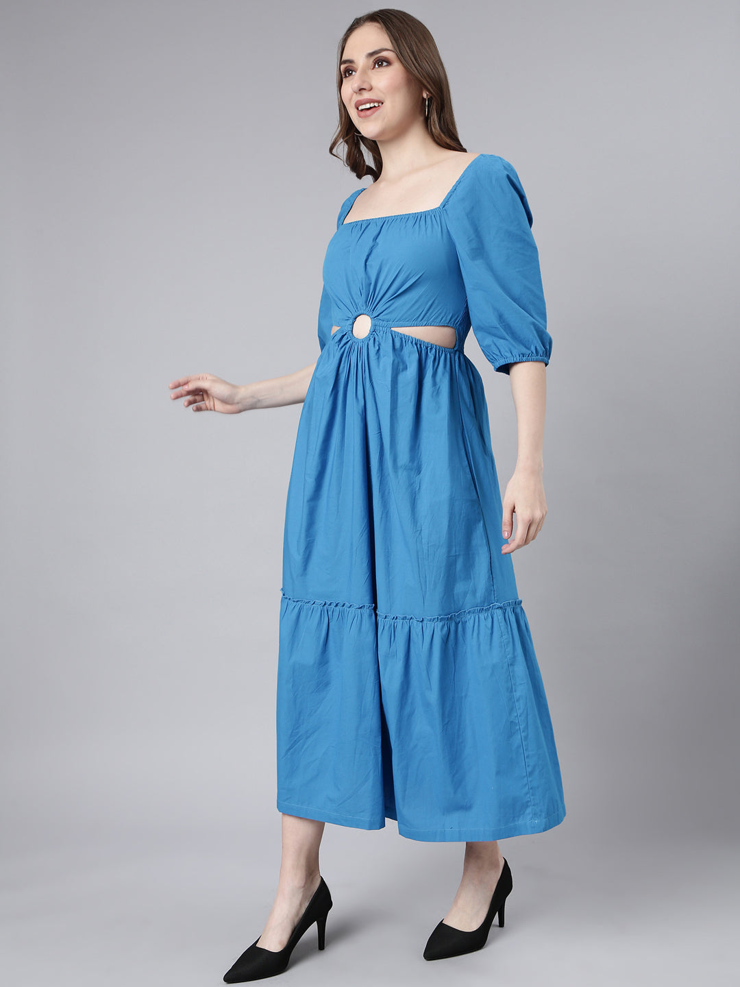 Women's Blue Cotton Square Neck Puff Sleeve Fit and Flare Dress