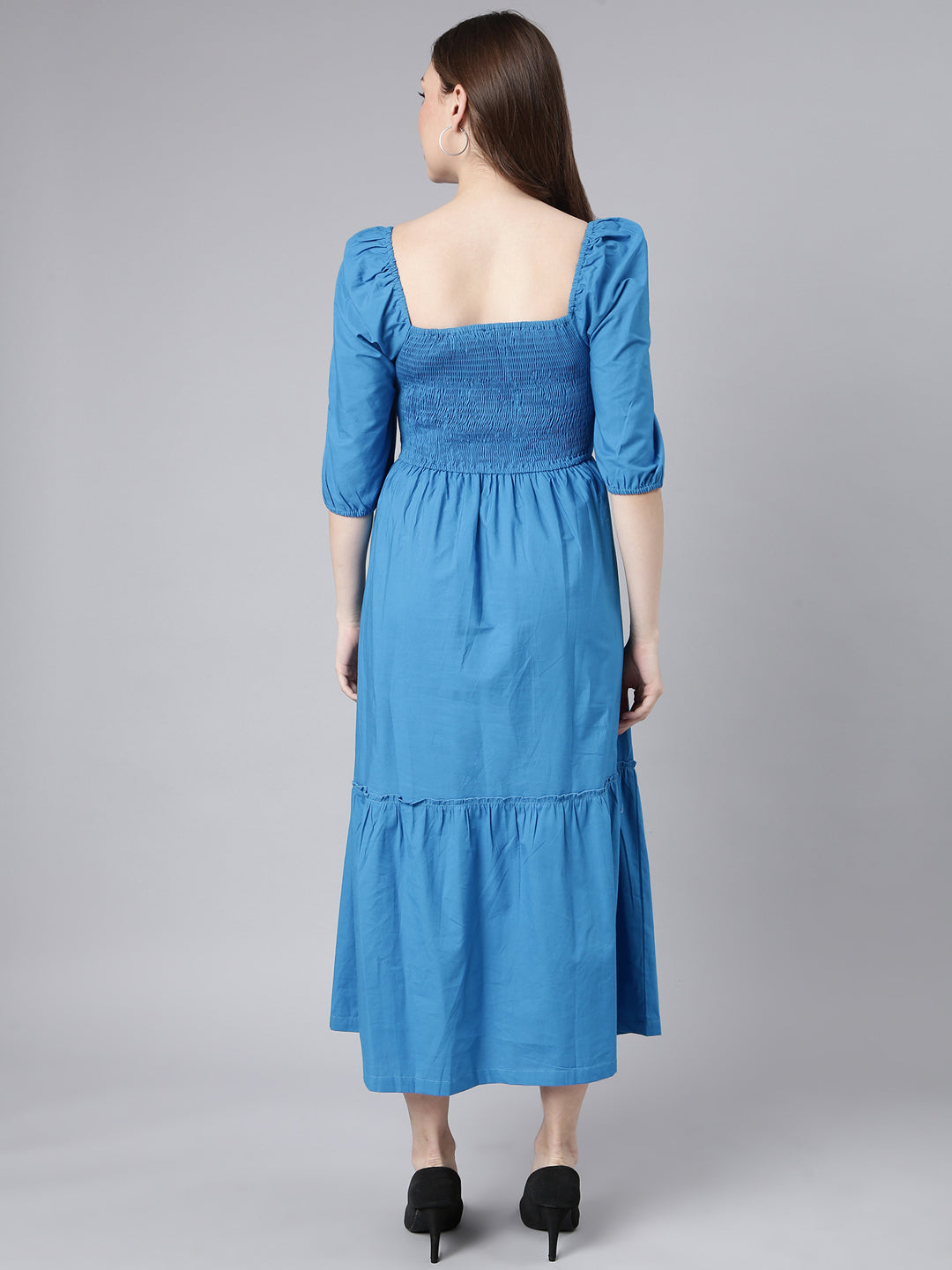 Women's Blue Cotton Square Neck Puff Sleeve Fit and Flare Dress