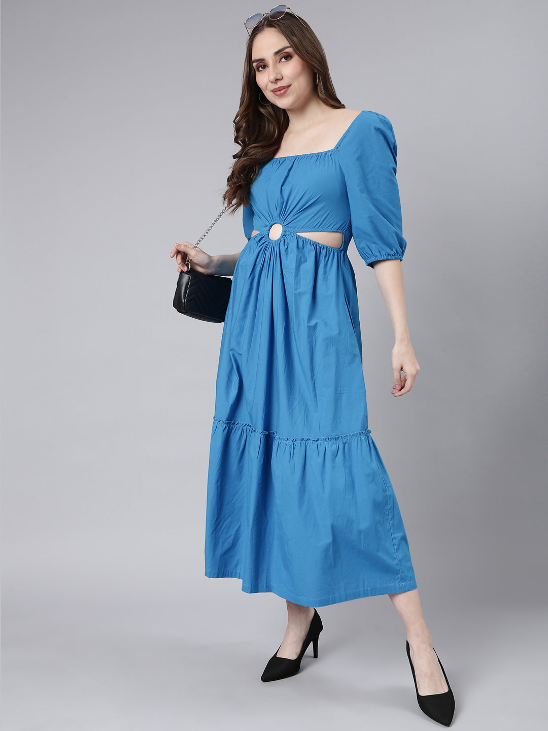 Women's Blue Cotton Square Neck Puff Sleeve Fit and Flare Dress