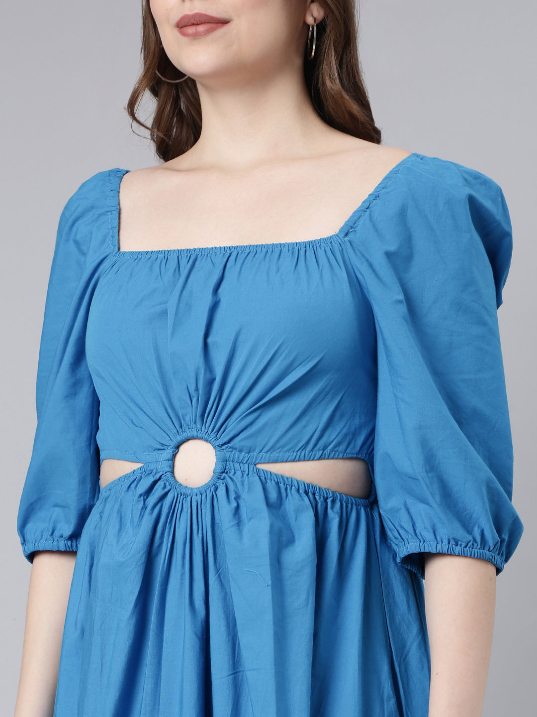 Women's Blue Cotton Square Neck Puff Sleeve Fit and Flare Dress