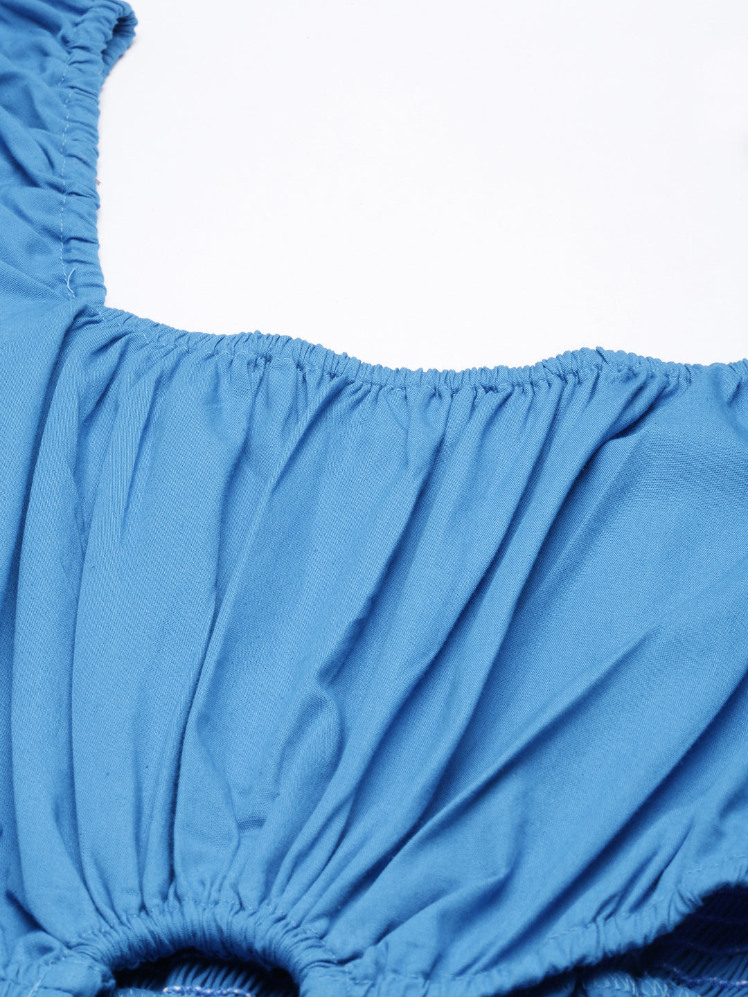 Women's Blue Cotton Square Neck Puff Sleeve Fit and Flare Dress