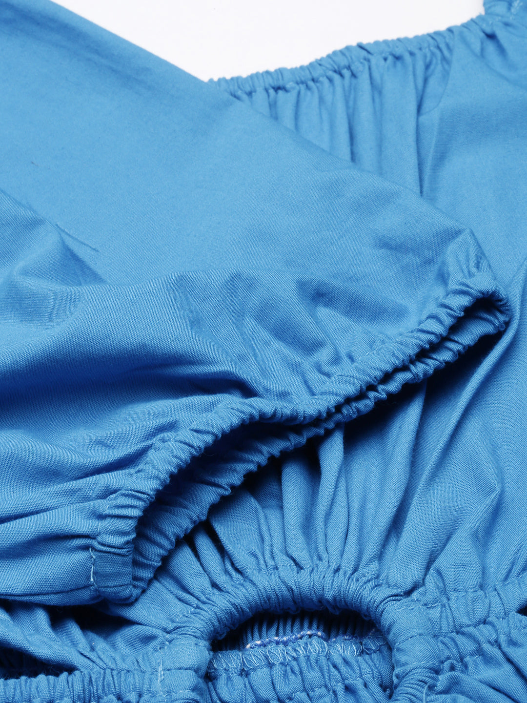 Women's Blue Cotton Square Neck Puff Sleeve Fit and Flare Dress