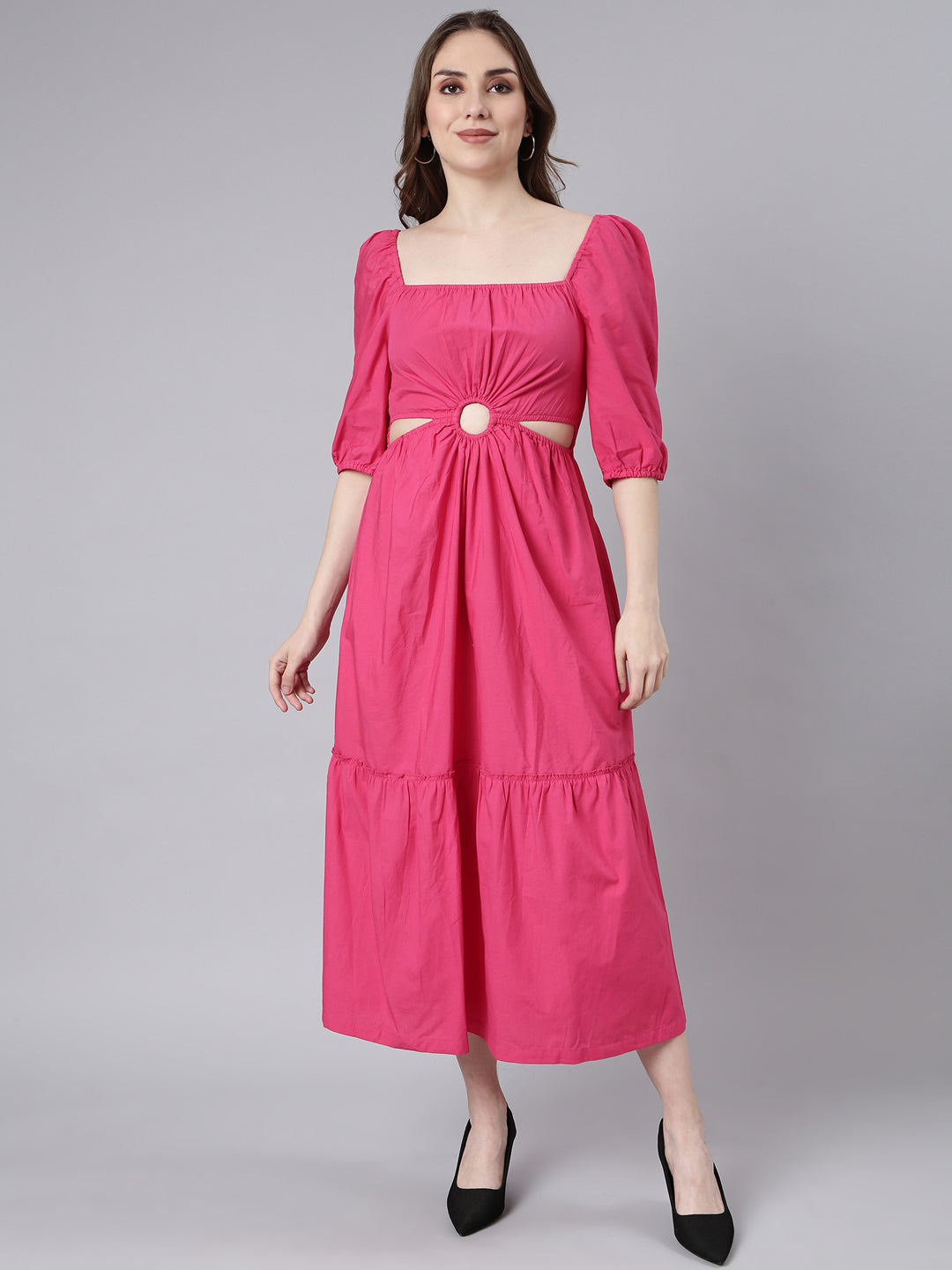 Women's Pink Fit & Flare Cotton Midi Dress